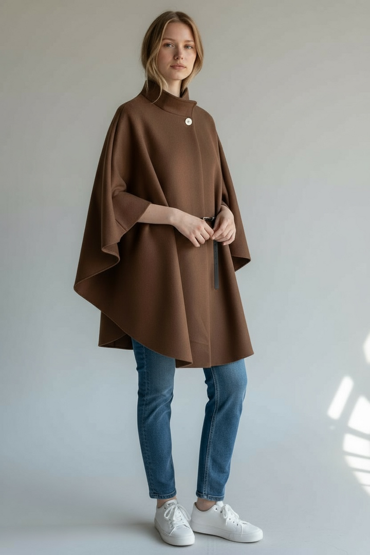 Belted Wool Mix Cape Dark Camel