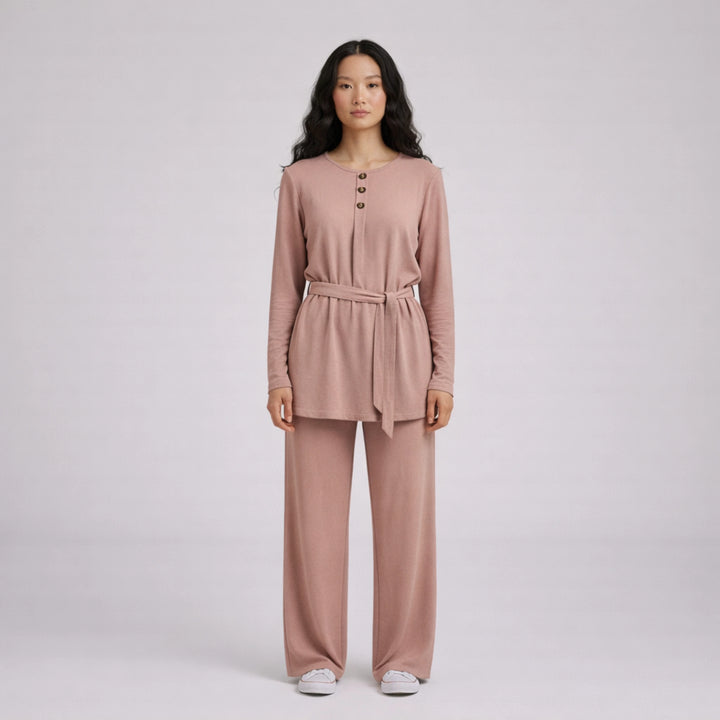 3 Button Crepe Co-Ord Set with Tie Belt | Elegant Soft Fabric Two-Piece Outfit