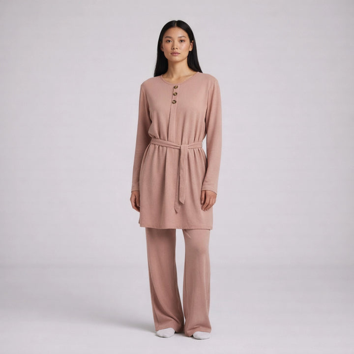 3 Button Crepe Co-Ord Set with Tie Belt | Elegant Soft Fabric Two-Piece Outfit