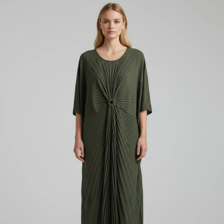 Buckle Pleated Dress | Elegant Relaxed Fit Midi Dress in Black & Olive