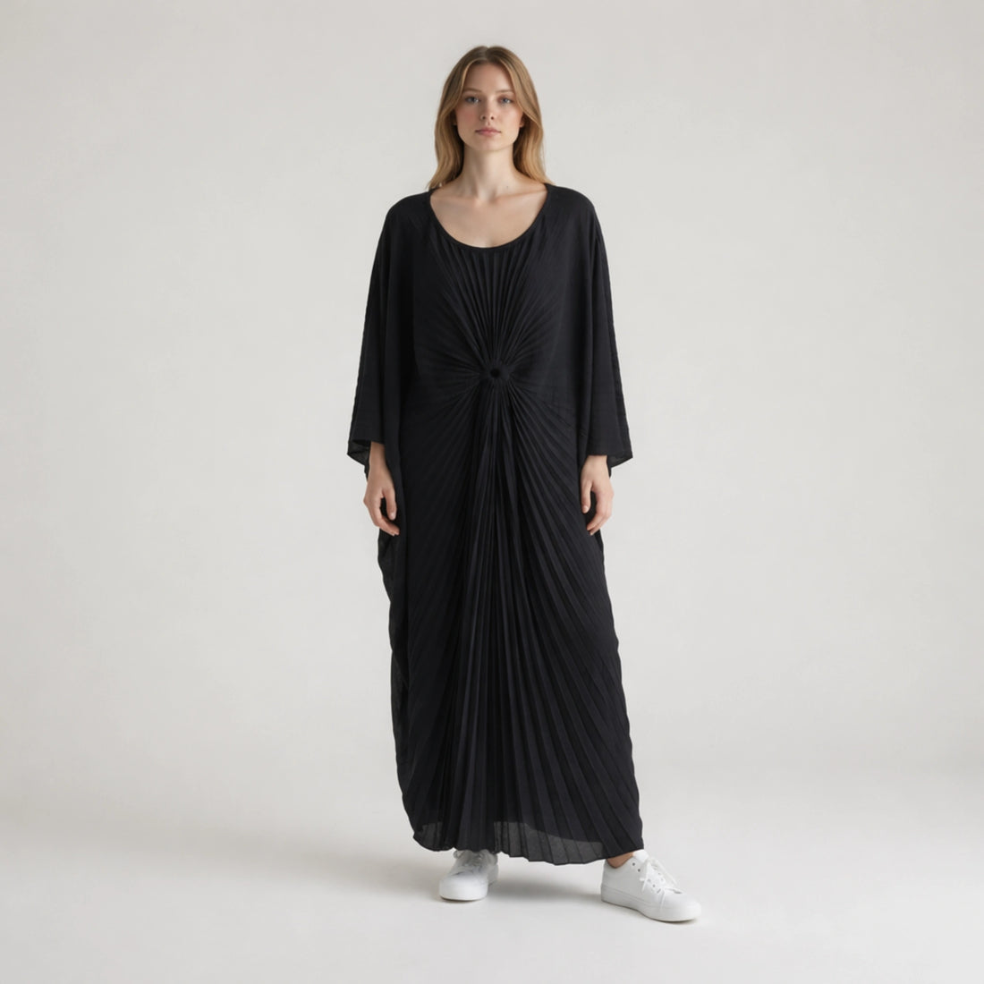 Buckle Pleated Dress | Elegant Relaxed Fit Midi Dress in Black & Olive