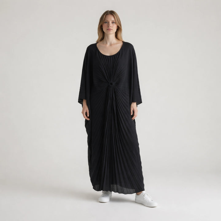 Buckle Pleated Dress | Elegant Relaxed Fit Midi Dress in Black & Olive