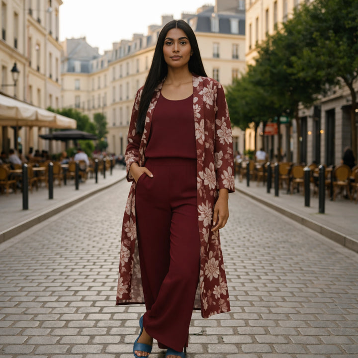 Burgundy Printed Satin Co-Ord Set | Luxury New Arrival Elegant Two-Piece Outfit