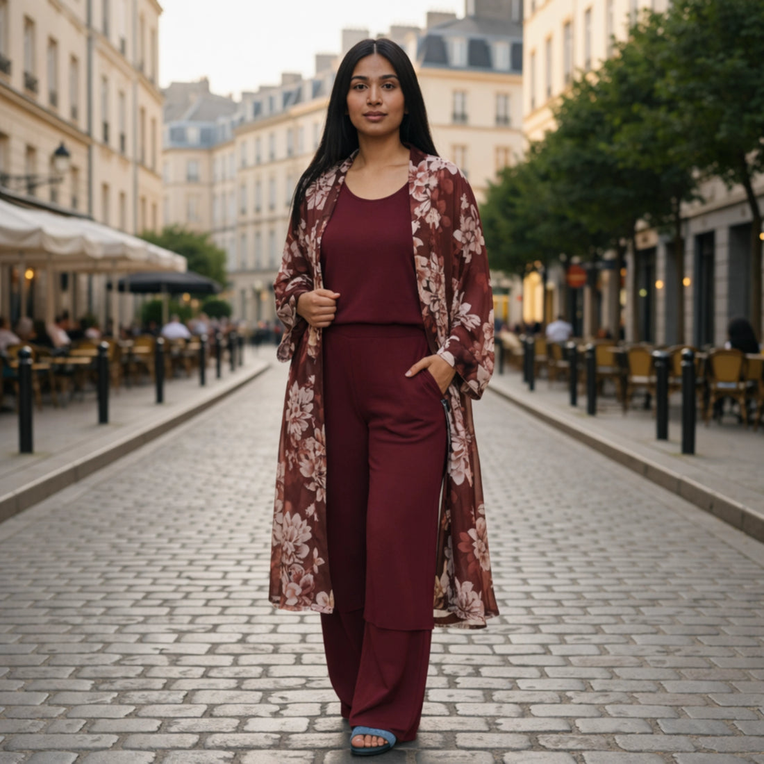 Burgundy Printed Satin Co-Ord Set | Luxury Elegant Outfit

