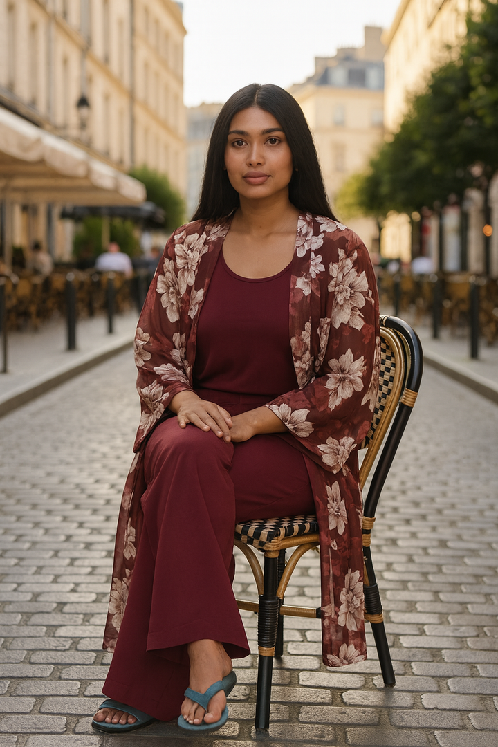Print satin coord set in burgundy