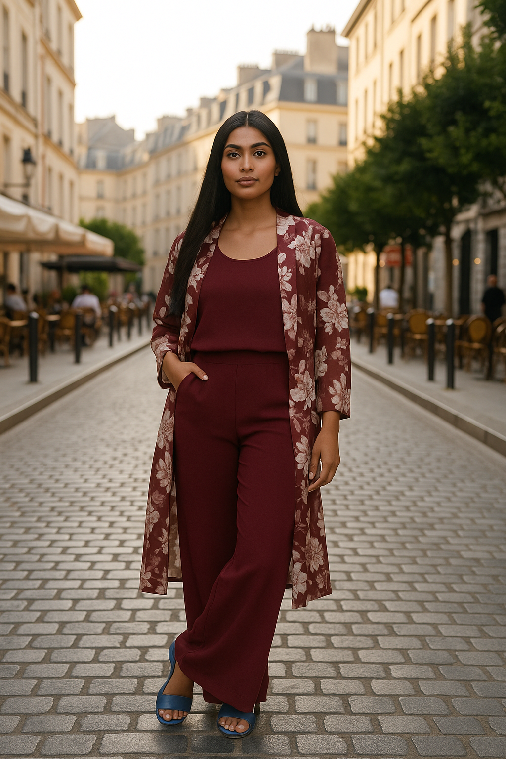 Print satin coord set in burgundy