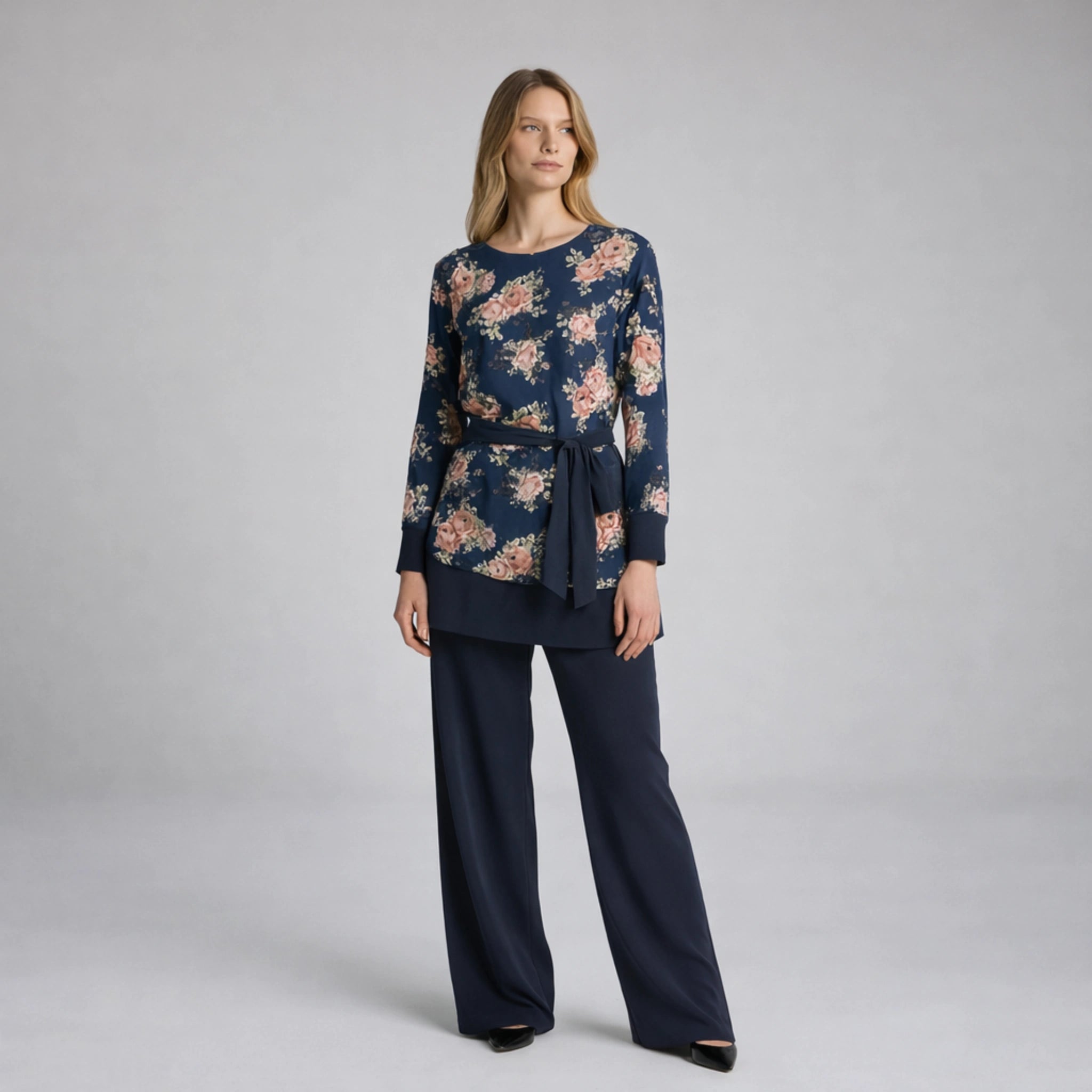 Chiffon Print Lined Navy Co-Ord Set | Elegant Lightweight Outfit for Casual & Semi-Formal Wear