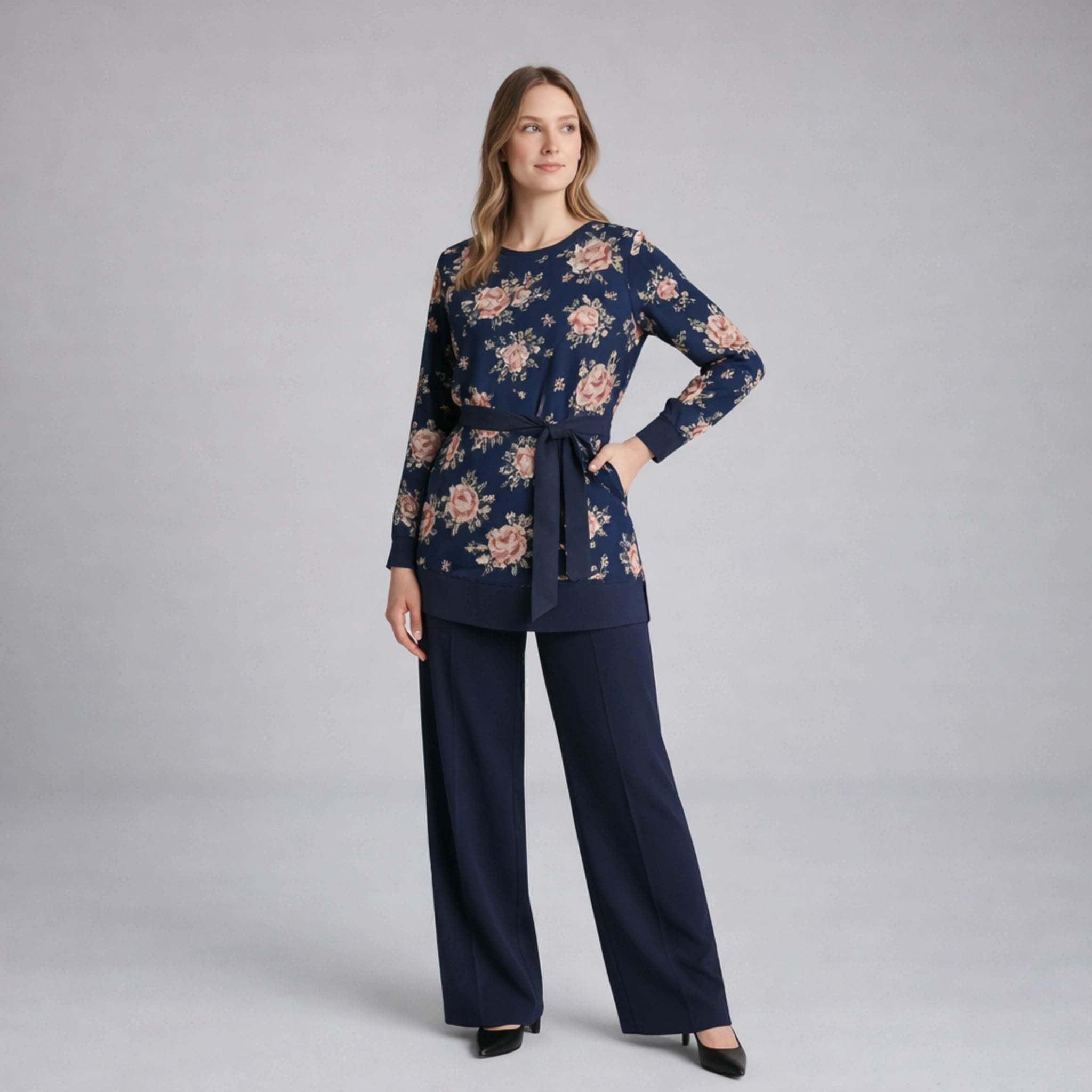 Chiffon Print Lined Navy Co-Ord Set | Elegant Lightweight Outfit for Casual & Semi-Formal Wear