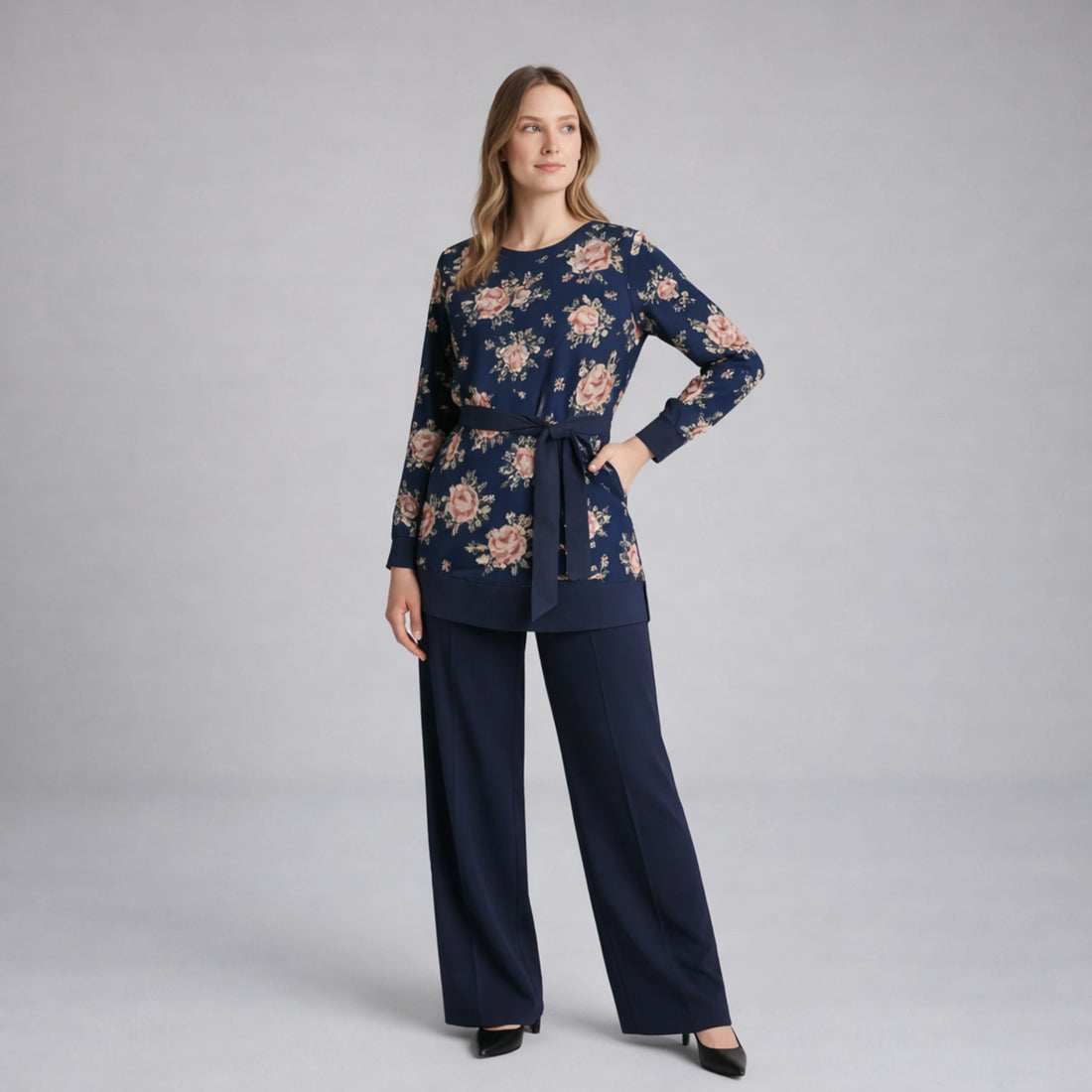 Chiffon Print Lined Navy Co-Ord Set | Elegant Lightweight Outfit for Casual & Semi-Formal Wear