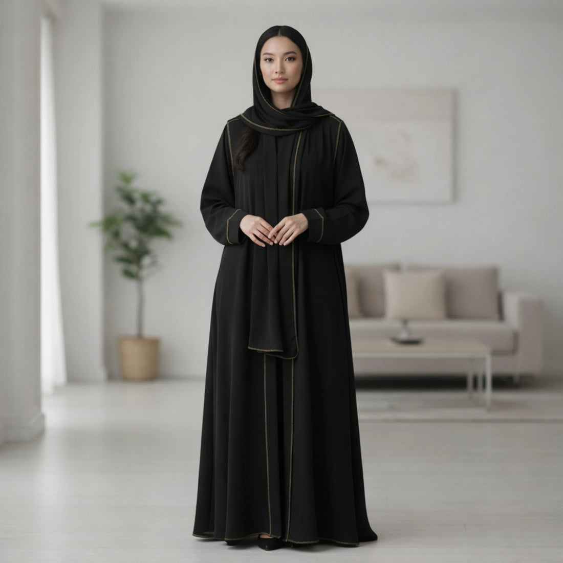 Contrast Stitched Crepe Abaya | Elegant Lightweight Everyday Wear