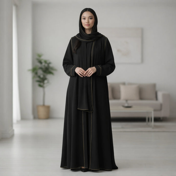Contrast Stitched Crepe Abaya | Elegant Lightweight Everyday Wear