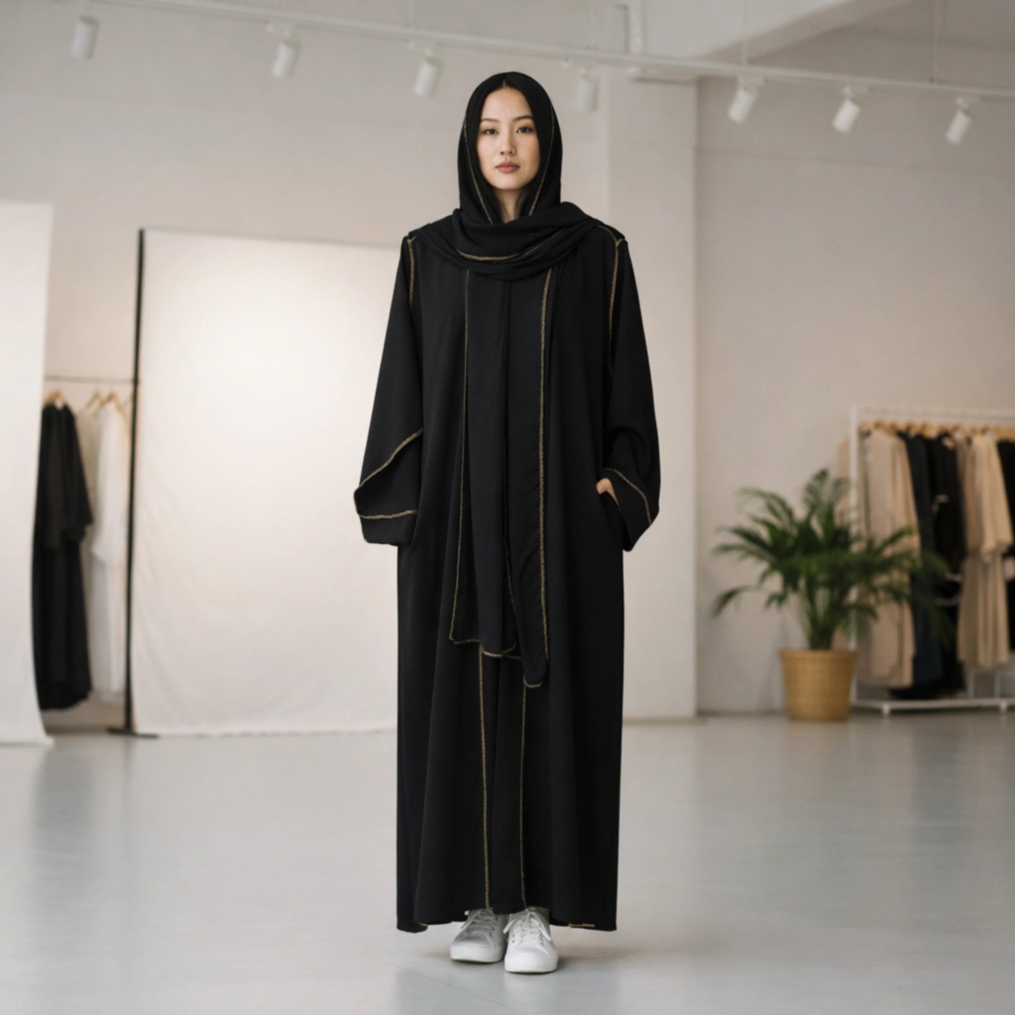 Contrast Stitched Crepe Abaya | Elegant Lightweight Everyday Wear