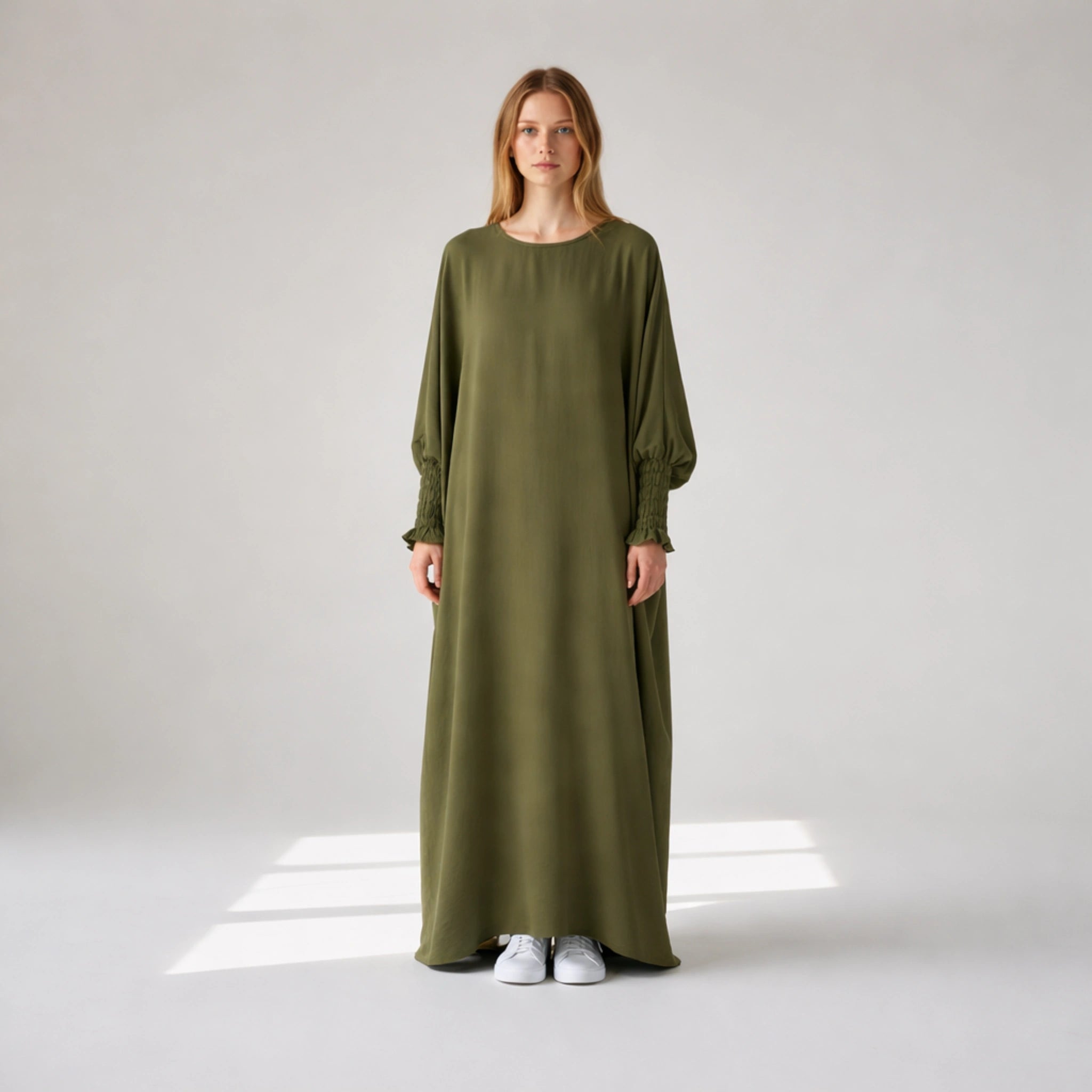 Crepe Elastic Sleeve Dress | Elegant Comfortable Fit for Work & Formal Wear