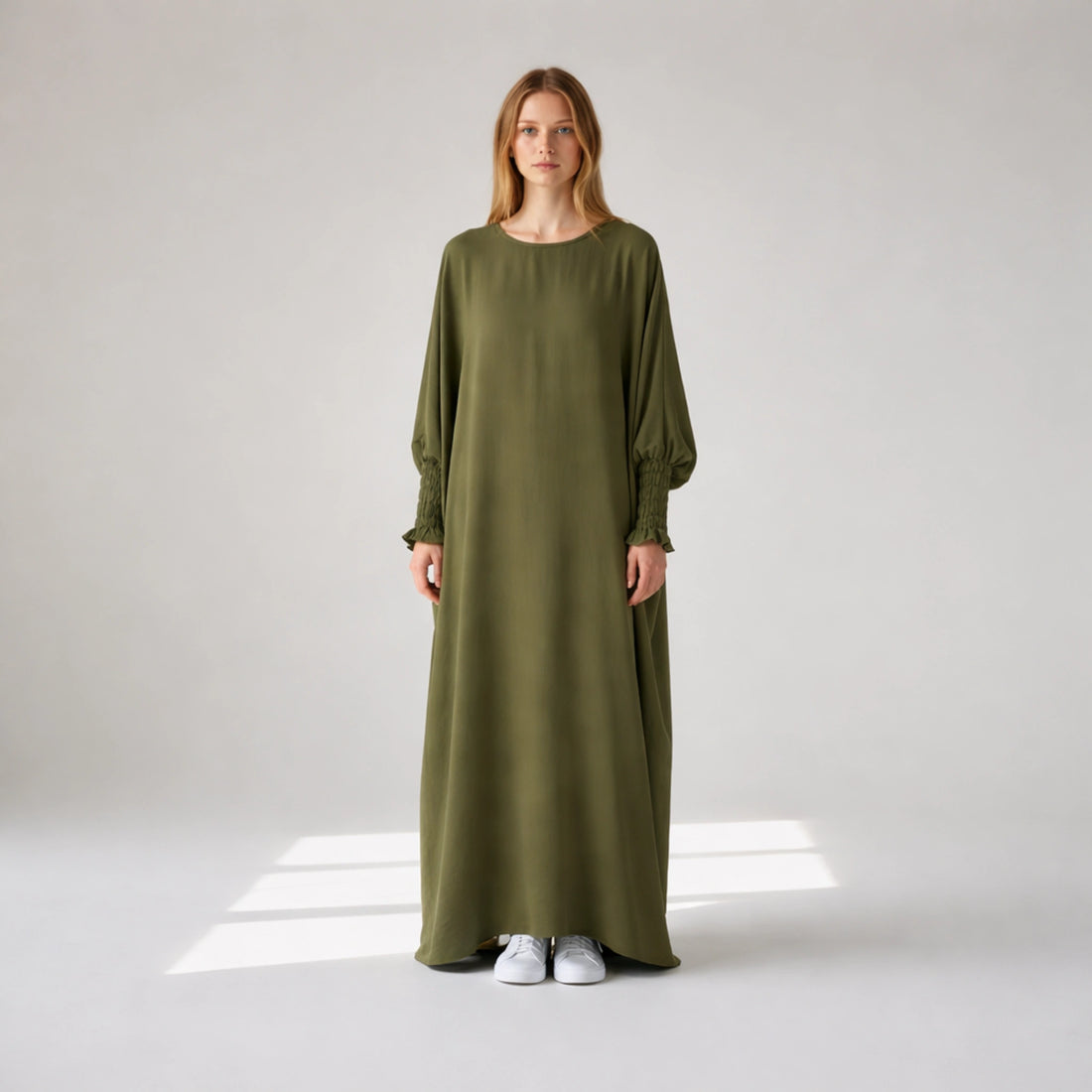 Crepe Elastic Sleeve Dress | Elegant Comfortable Fit for Work & Formal Wear