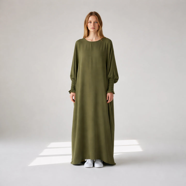 Crepe Elastic Sleeve Dress | Elegant Comfortable Fit for Work & Formal Wear