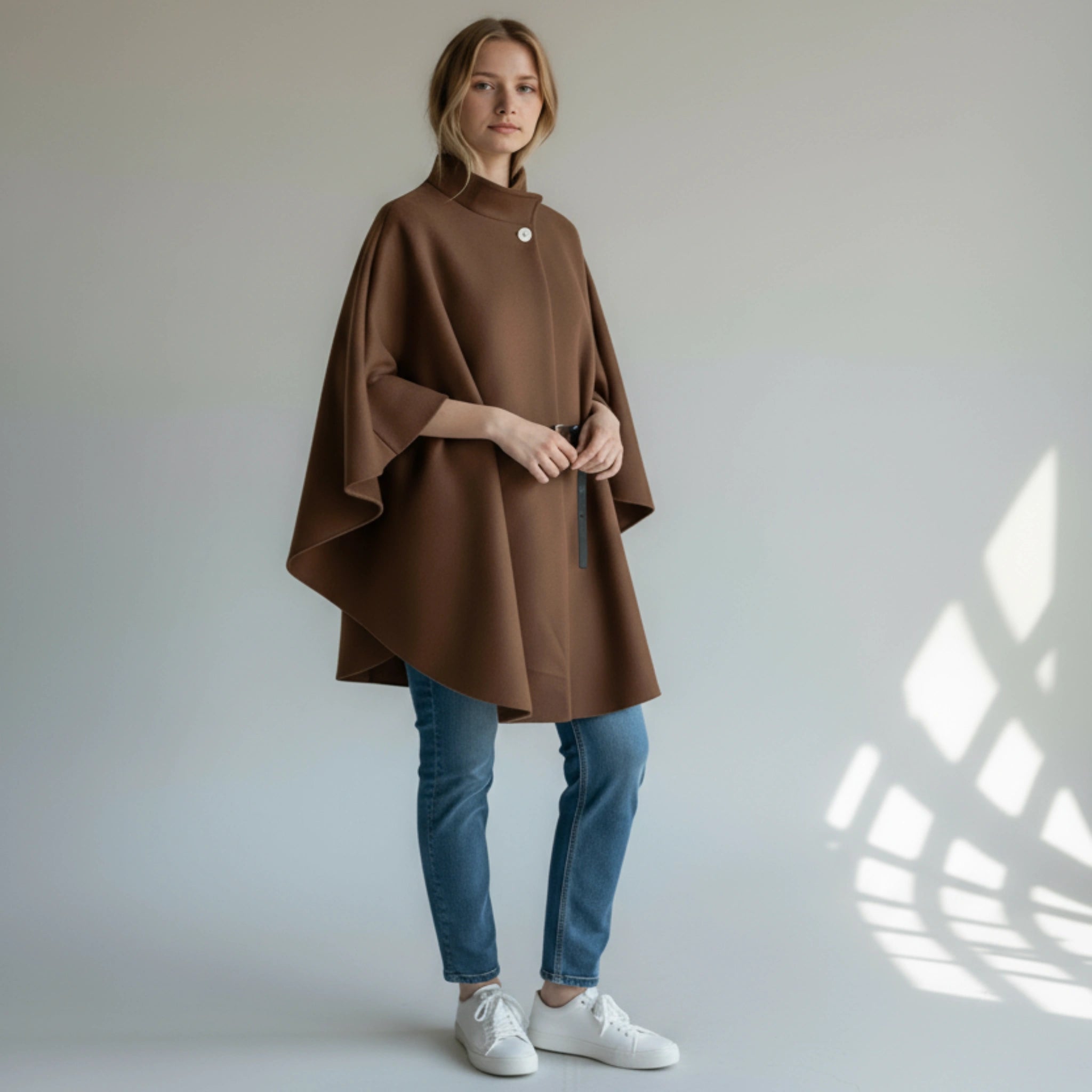 Dark Camel Belted Wool Mix Cape | Elegant One Size Layering

