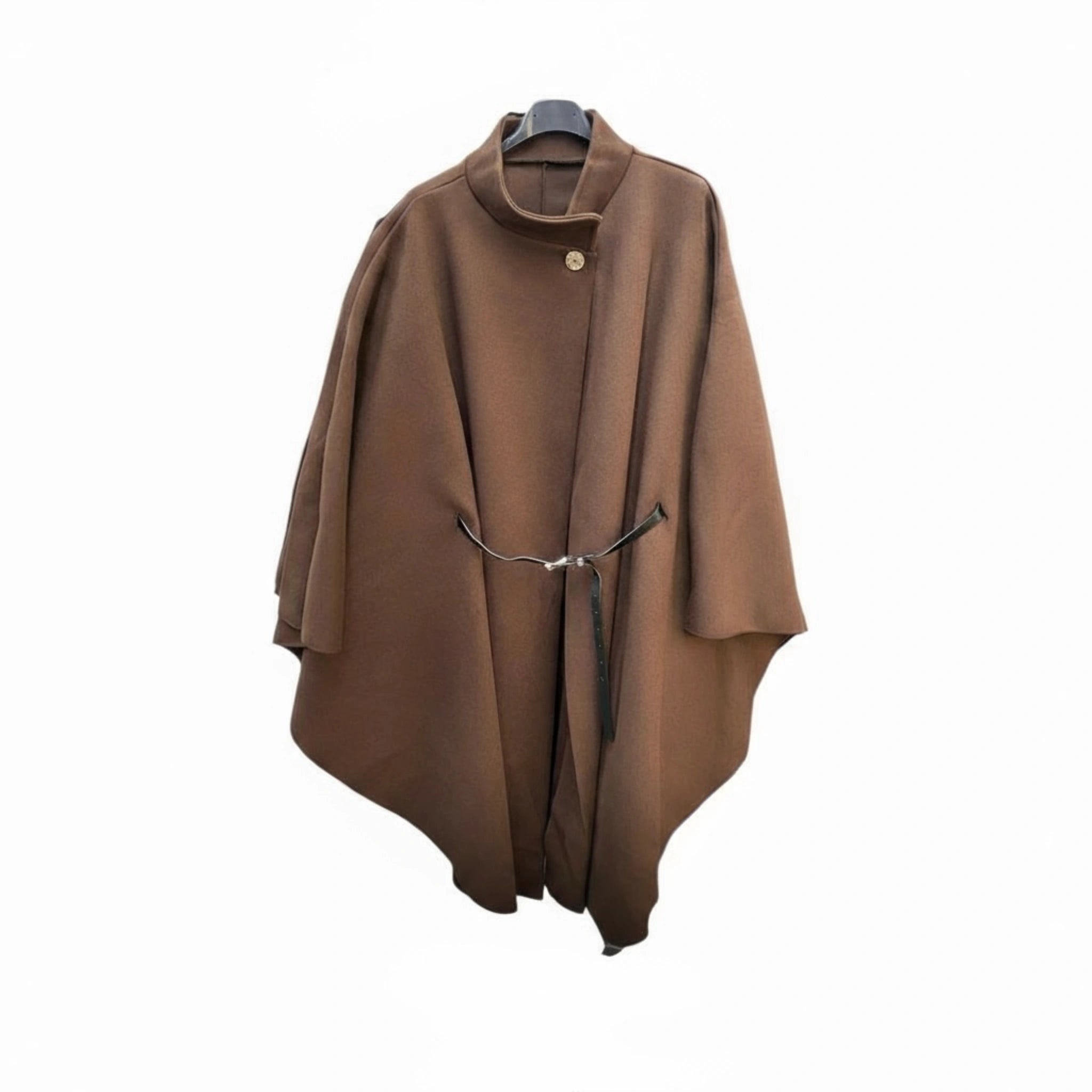 Dark Camel Belted Wool Mix Cape | Elegant One Size Layering

