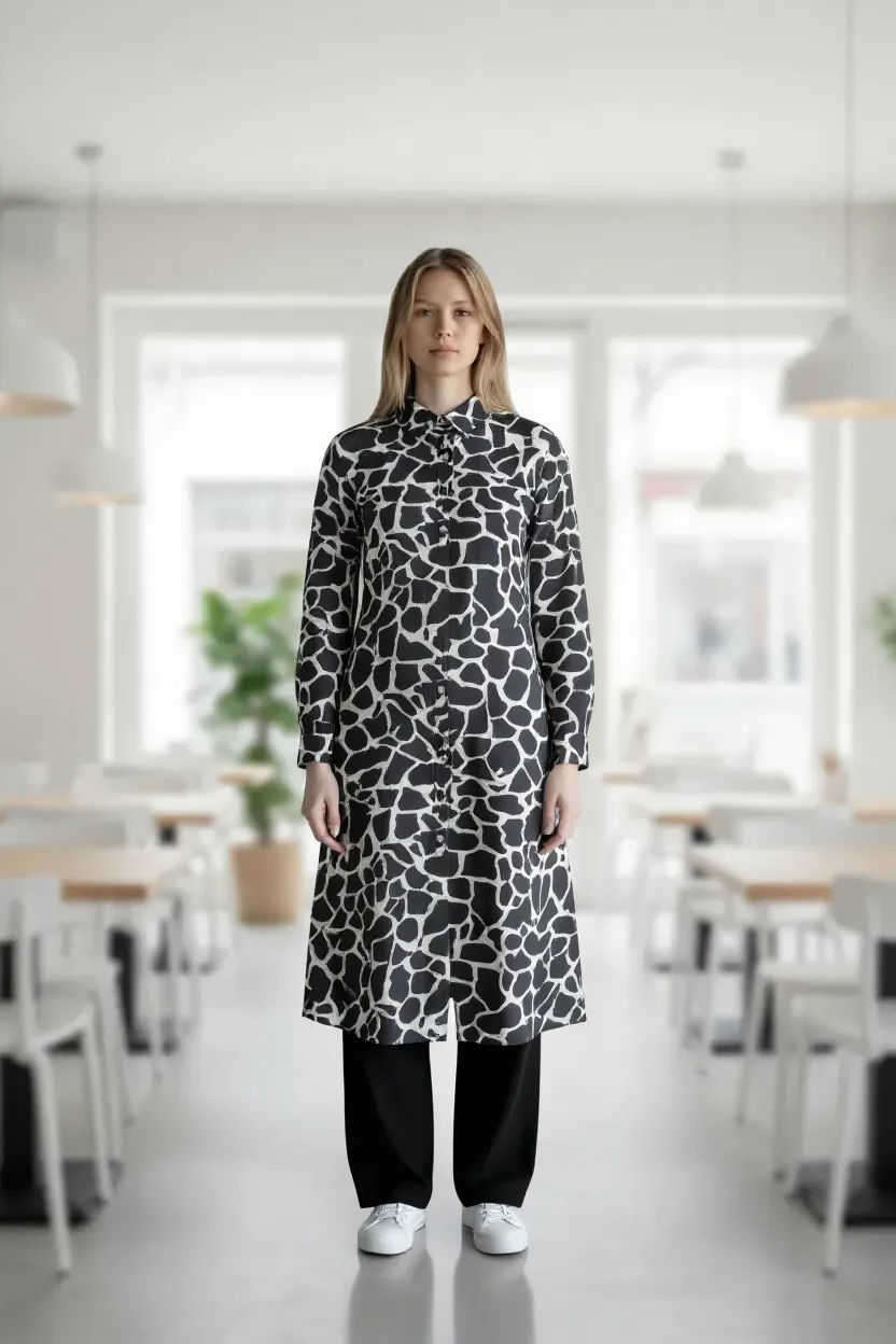 Long shirt animal print coord set with plain trousers in crepe fabric