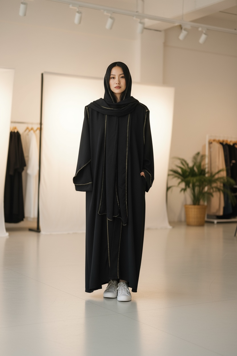 Contrast Stitched Abaya in Crepe Fabric