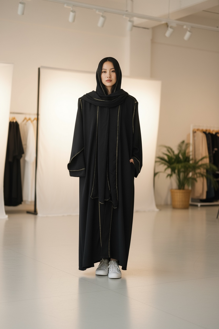 Contrast Stitched Abaya in Crepe Fabric
