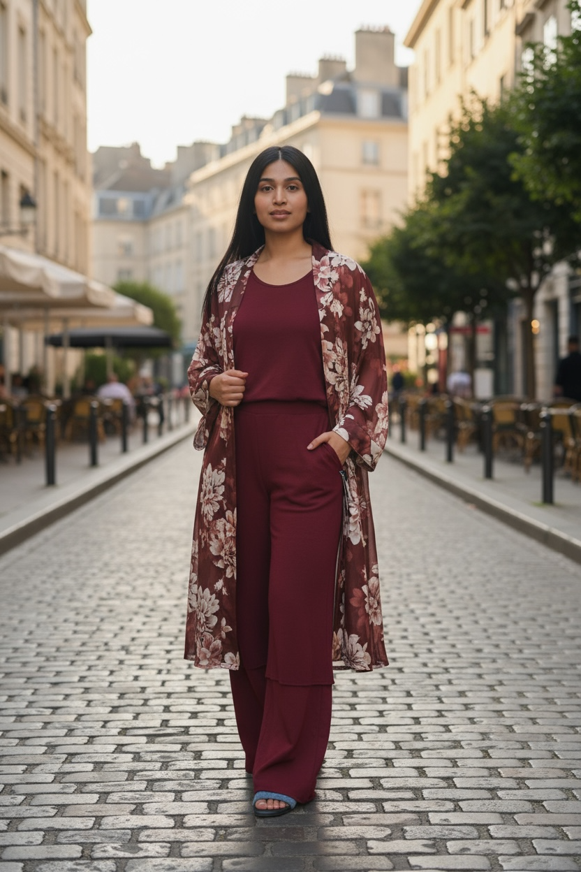 Print satin coord set in burgundy
