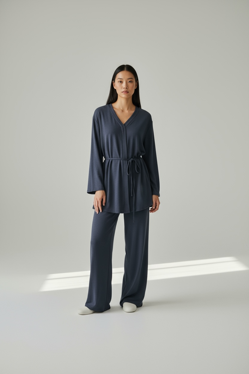 V neck coord set with belt in crepe fabric