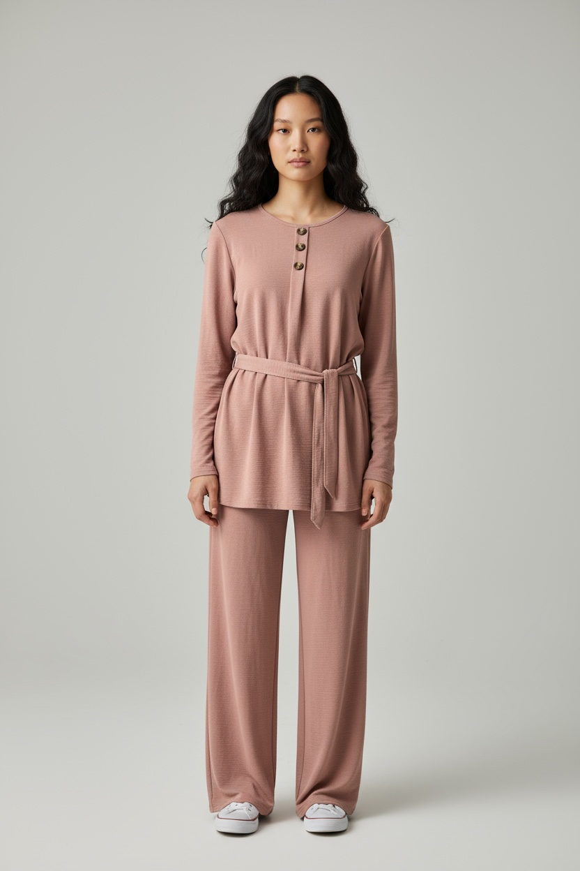 3 button coord set Soft Crepe fabric with Tie belt