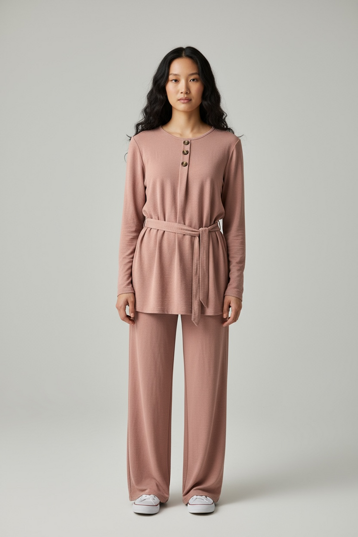 3 button coord set Soft Crepe fabric with Tie belt