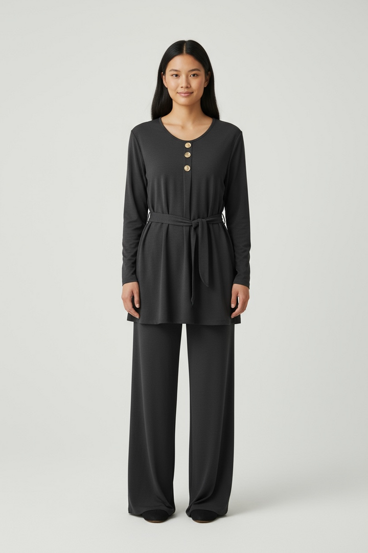 3 button coord set Soft Crepe fabric with Tie belt