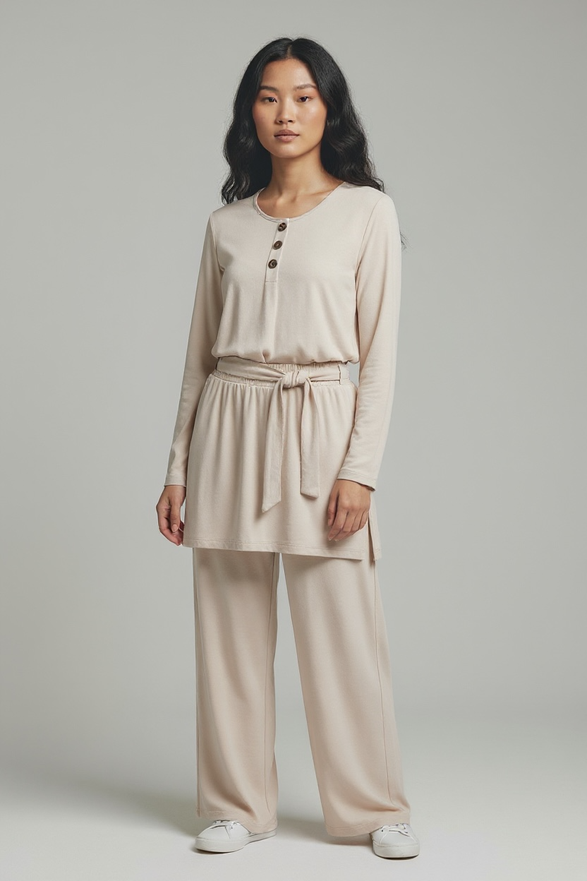 3 button coord set Soft Crepe fabric with Tie belt