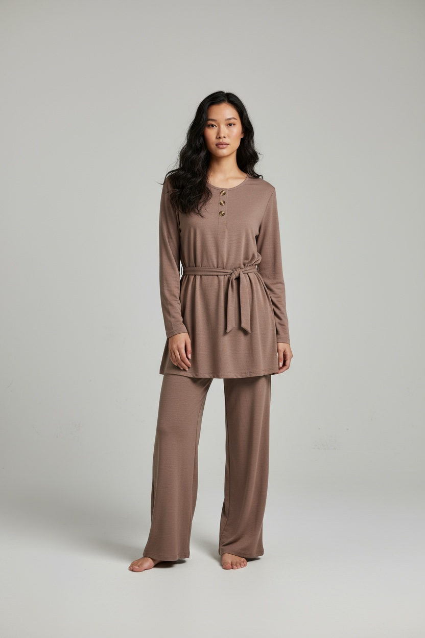 3 button coord set Soft Crepe fabric with Tie belt