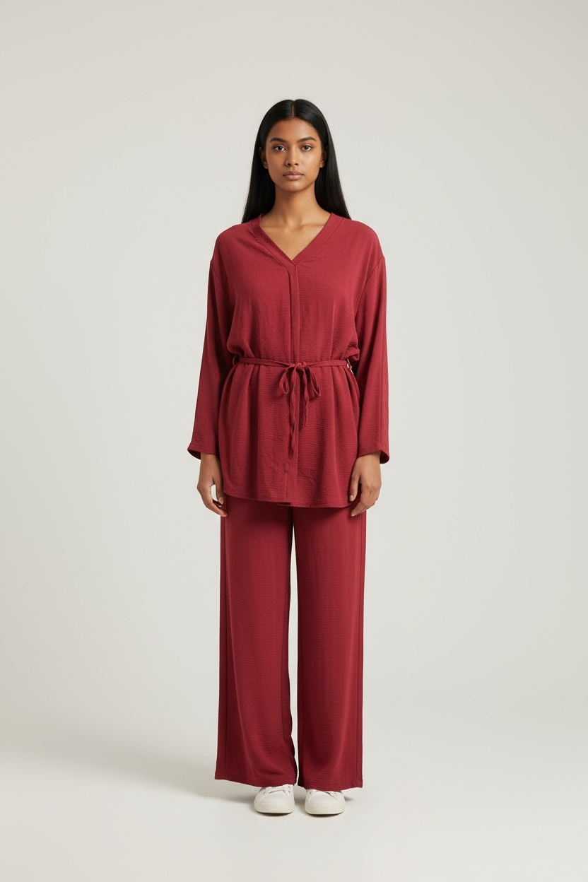 V neck coord set with belt in crepe fabric