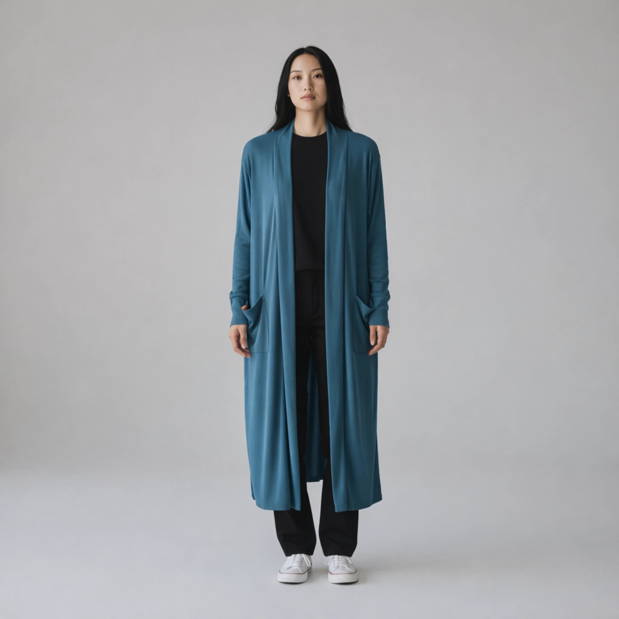 Long Cardigan with Pockets | Chic Relaxed Fit Layering Piece in Teal & Red