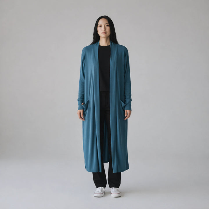 Long Cardigan with Pockets | Chic Relaxed Fit Layering Piece in Teal & Red