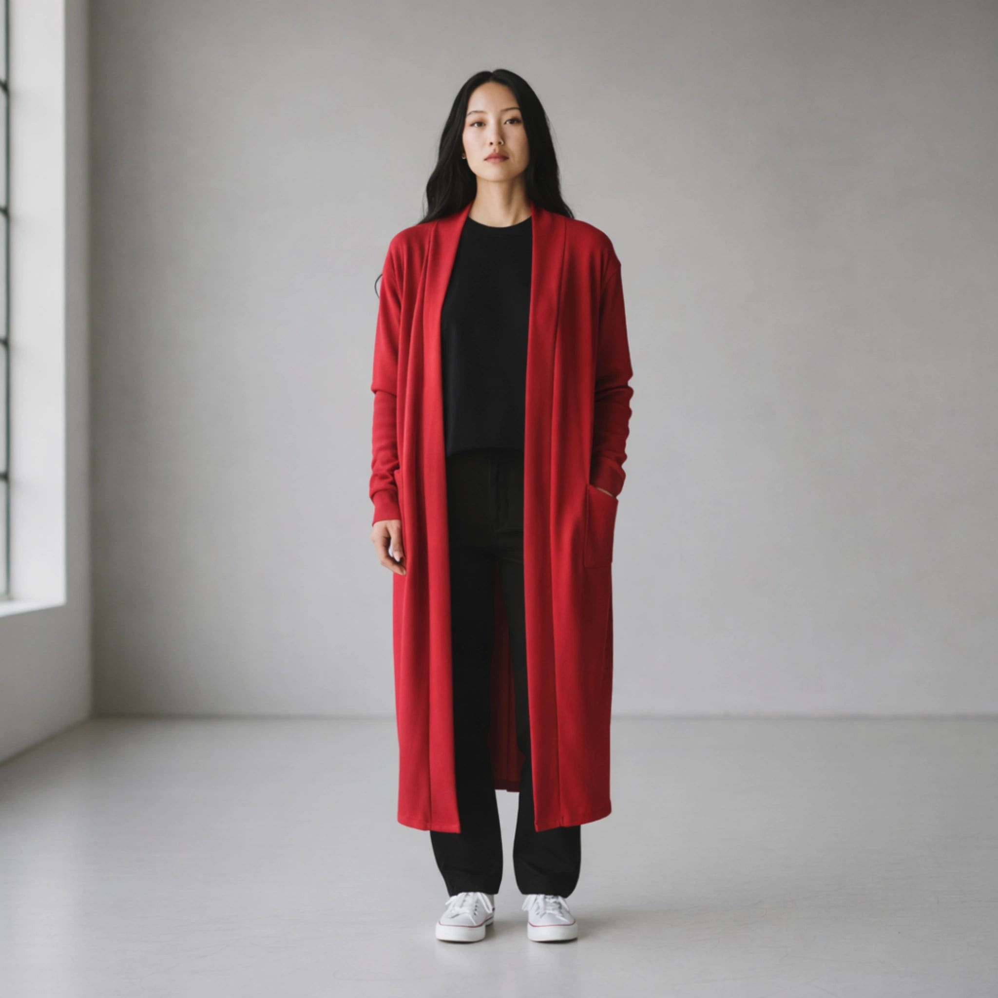 Long Cardigan with Pockets | Chic Relaxed Fit Layering Piece in Teal & Red