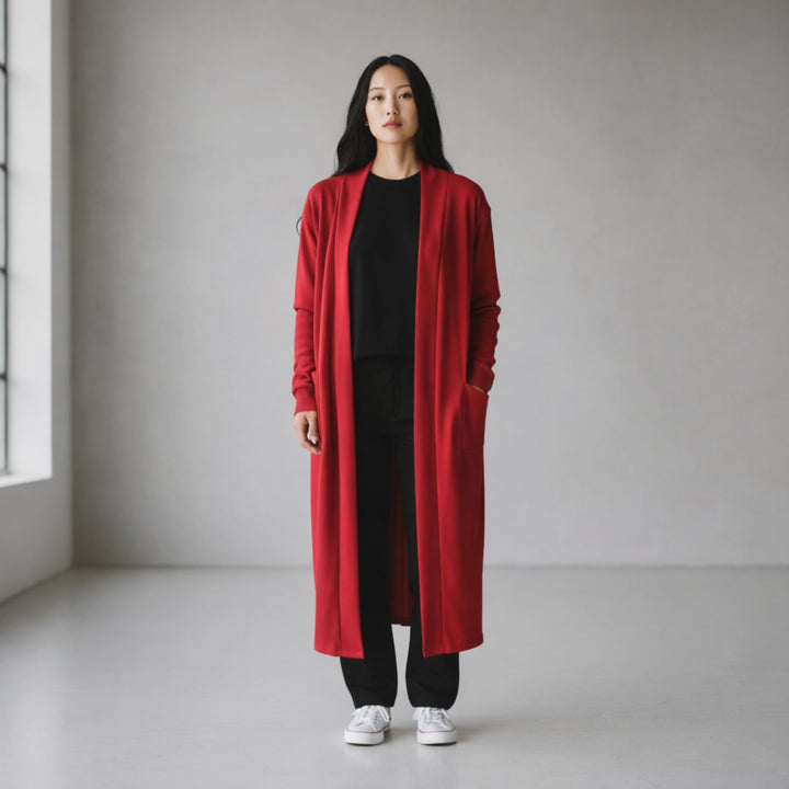 Long Cardigan with Pockets | Chic Relaxed Fit Layering Piece in Teal & Red