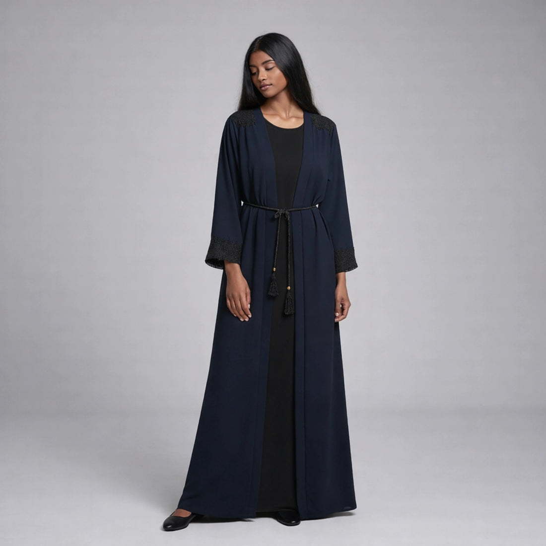 Long Crepe Abaya Set with Rope Belt | Elegant Modest Wear for Everyday & Formal Occasions