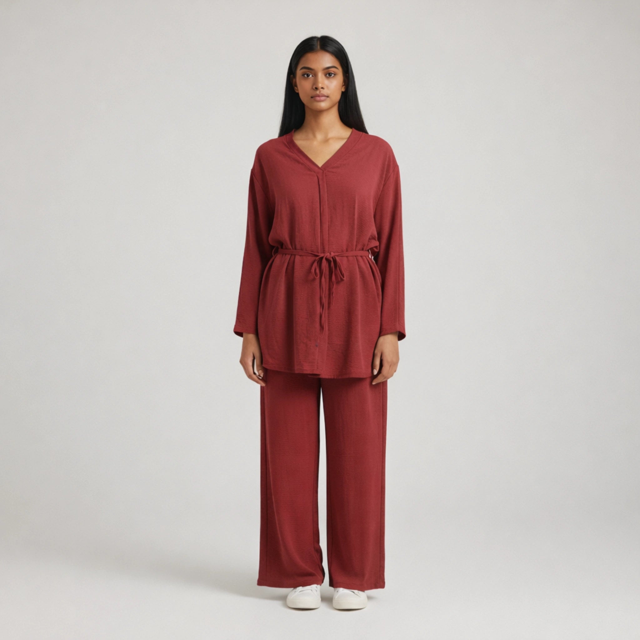 V-NECK CREPE CO-ORD SET WITH BELT | ELEGANT TWO-PIECE FOR WORK & SMART CASUAL WEAR