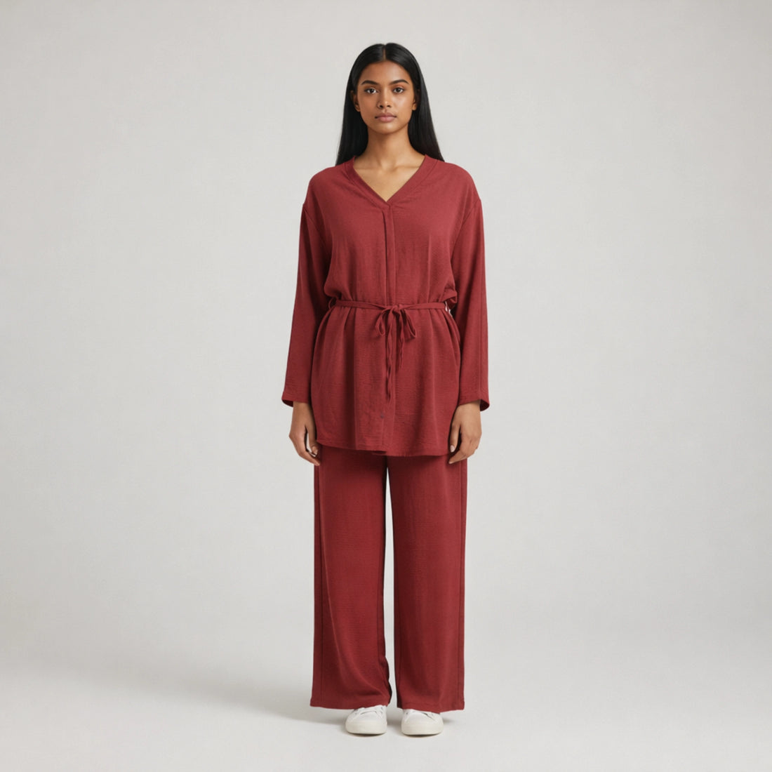 V-NECK CREPE CO-ORD SET WITH BELT | ELEGANT TWO-PIECE FOR WORK & SMART CASUAL WEAR