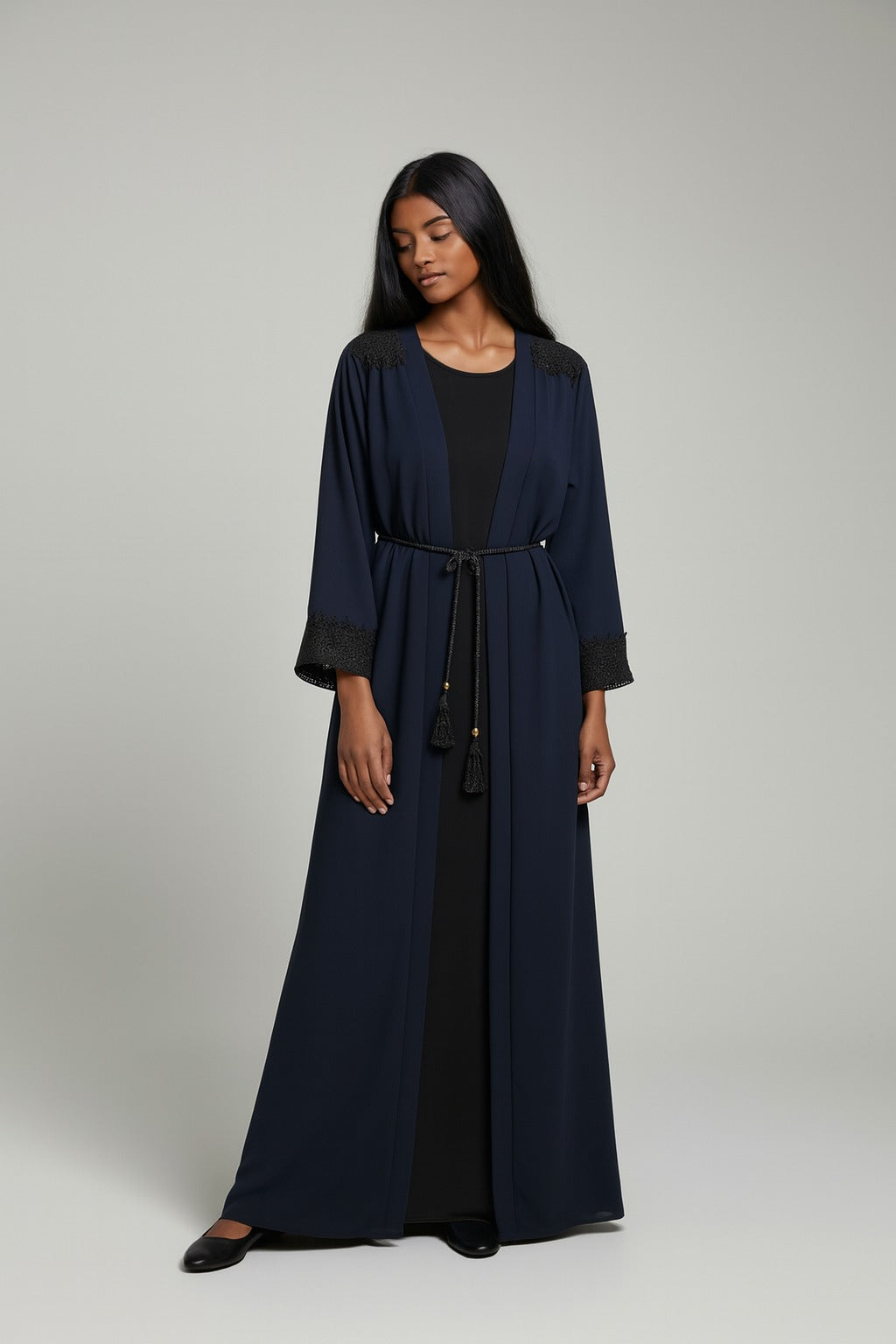 Long crepe Abaya set with rope belt