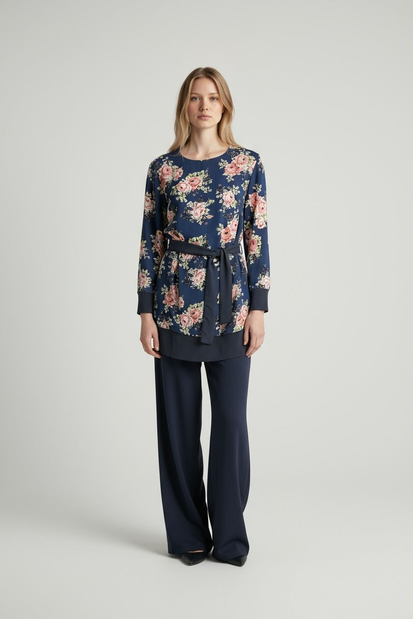 Chiffon print lined navy coord set