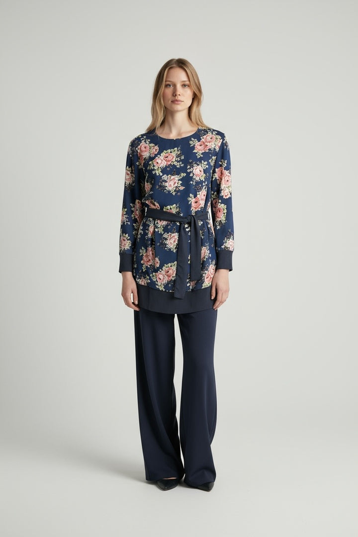 Chiffon print lined navy coord set