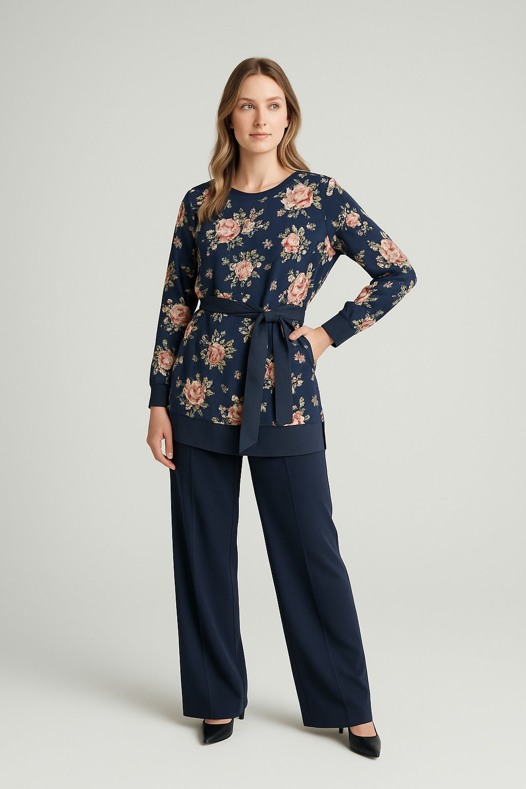 Chiffon print lined navy coord set