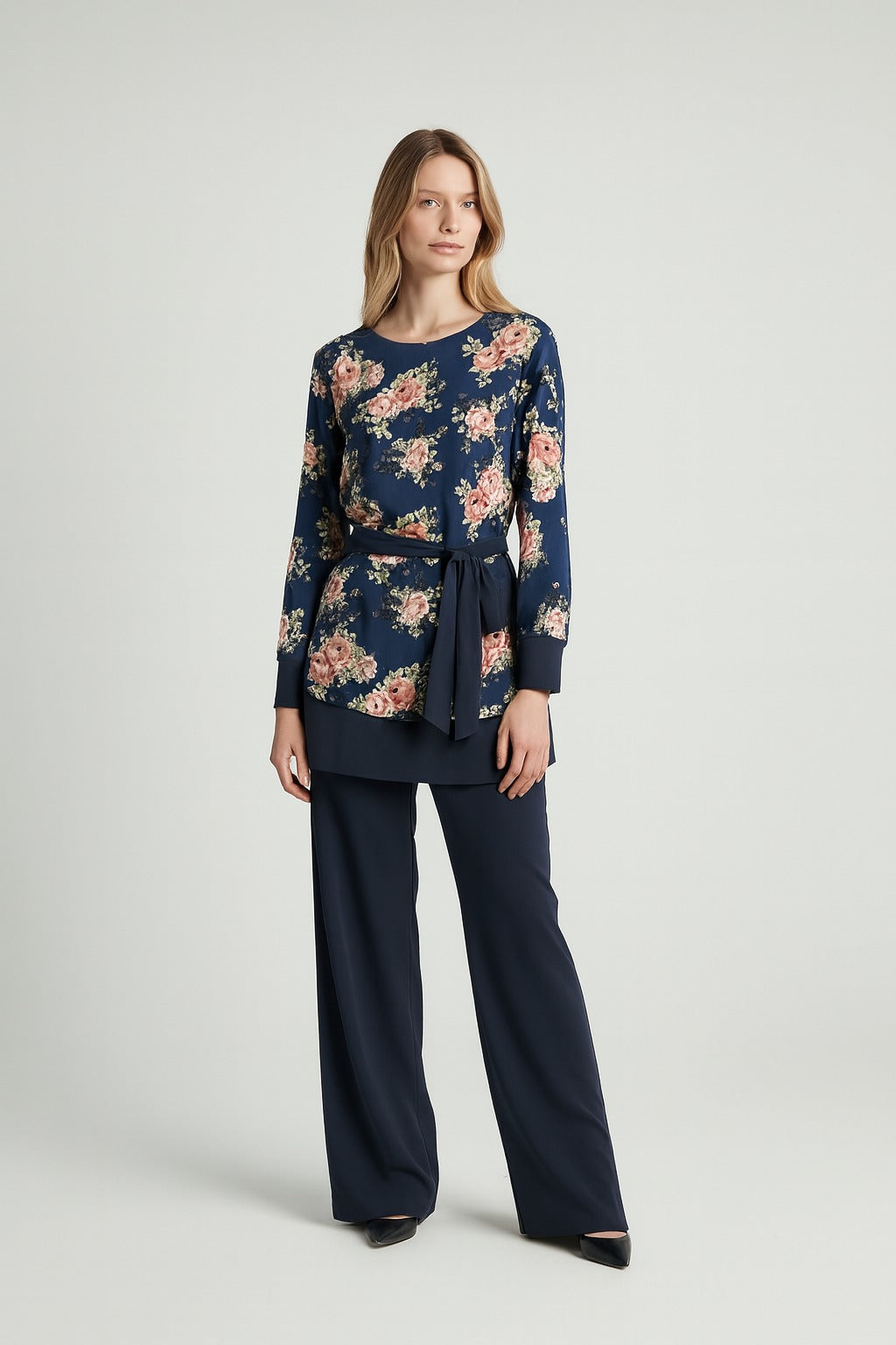 Chiffon print lined navy coord set