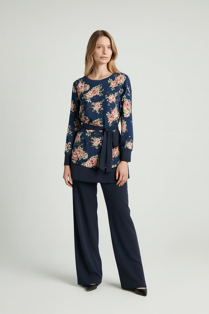 Chiffon print lined navy coord set