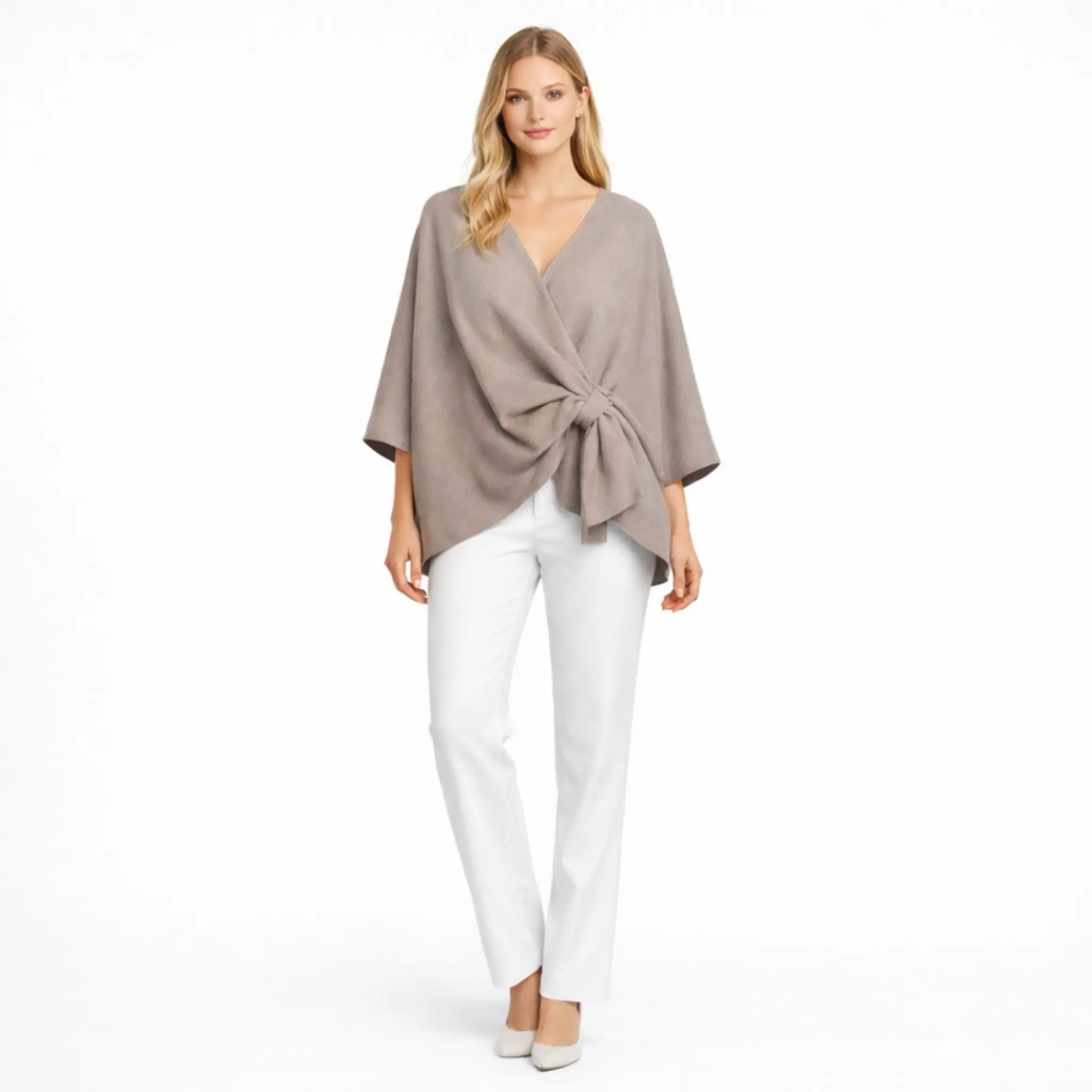 Elegant Women’s Black Knot Front Cape Top with Wide Sleeves

