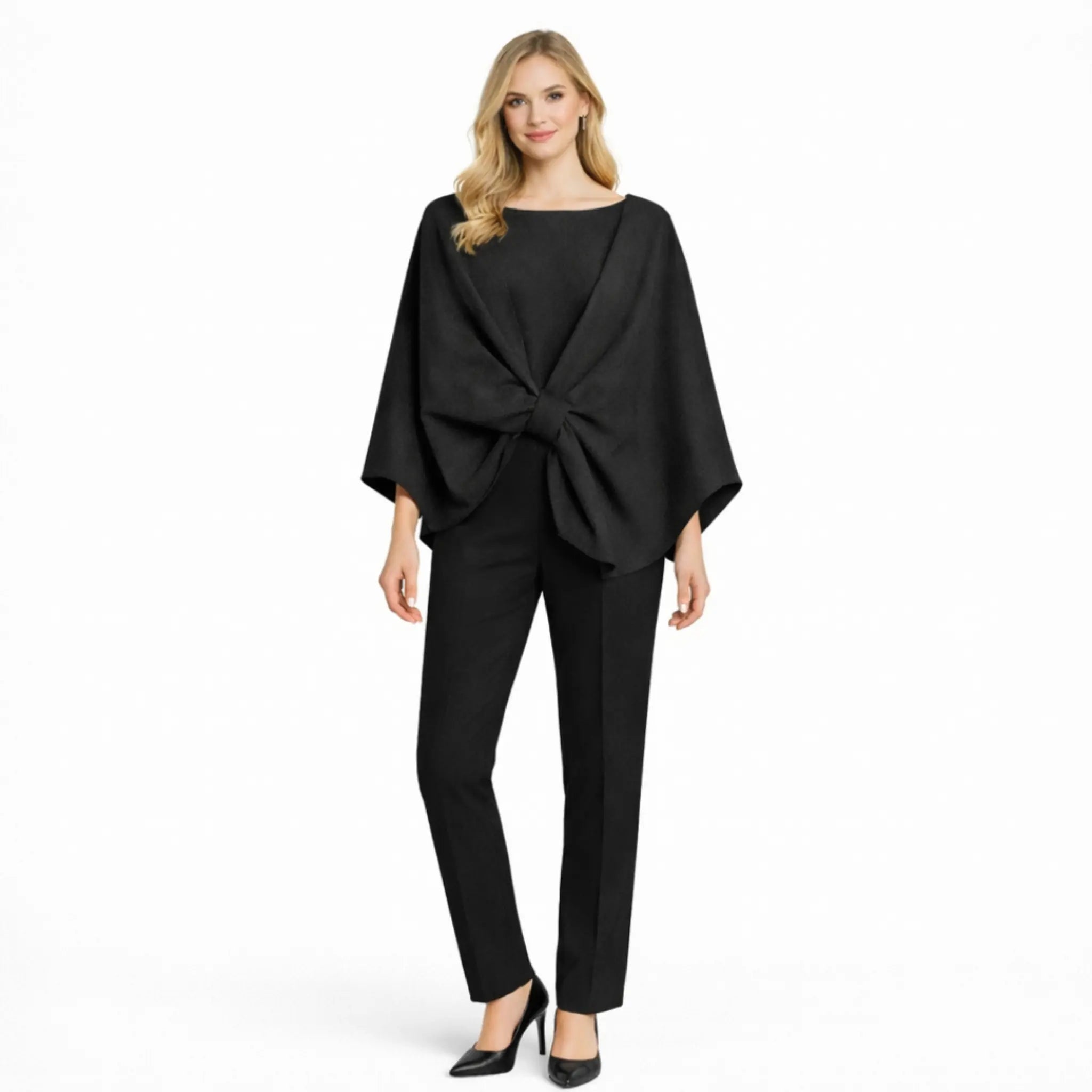 Elegant Women’s Black Knot Front Cape Top with Wide Sleeves

