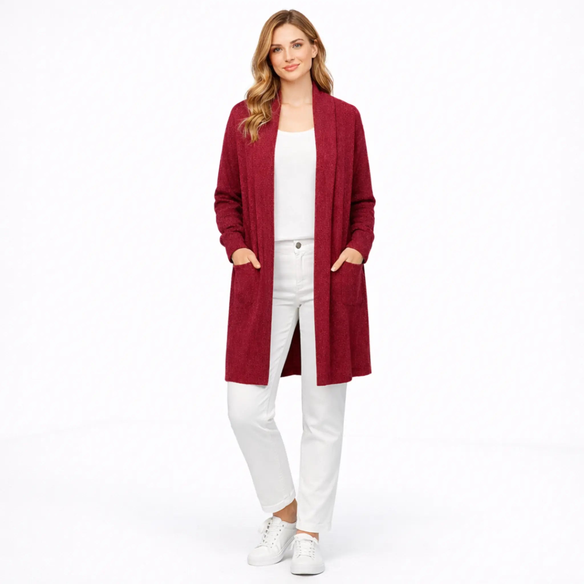 Women’s Green Long Open Front Cardigan | Elegant Layered Casual Outfit