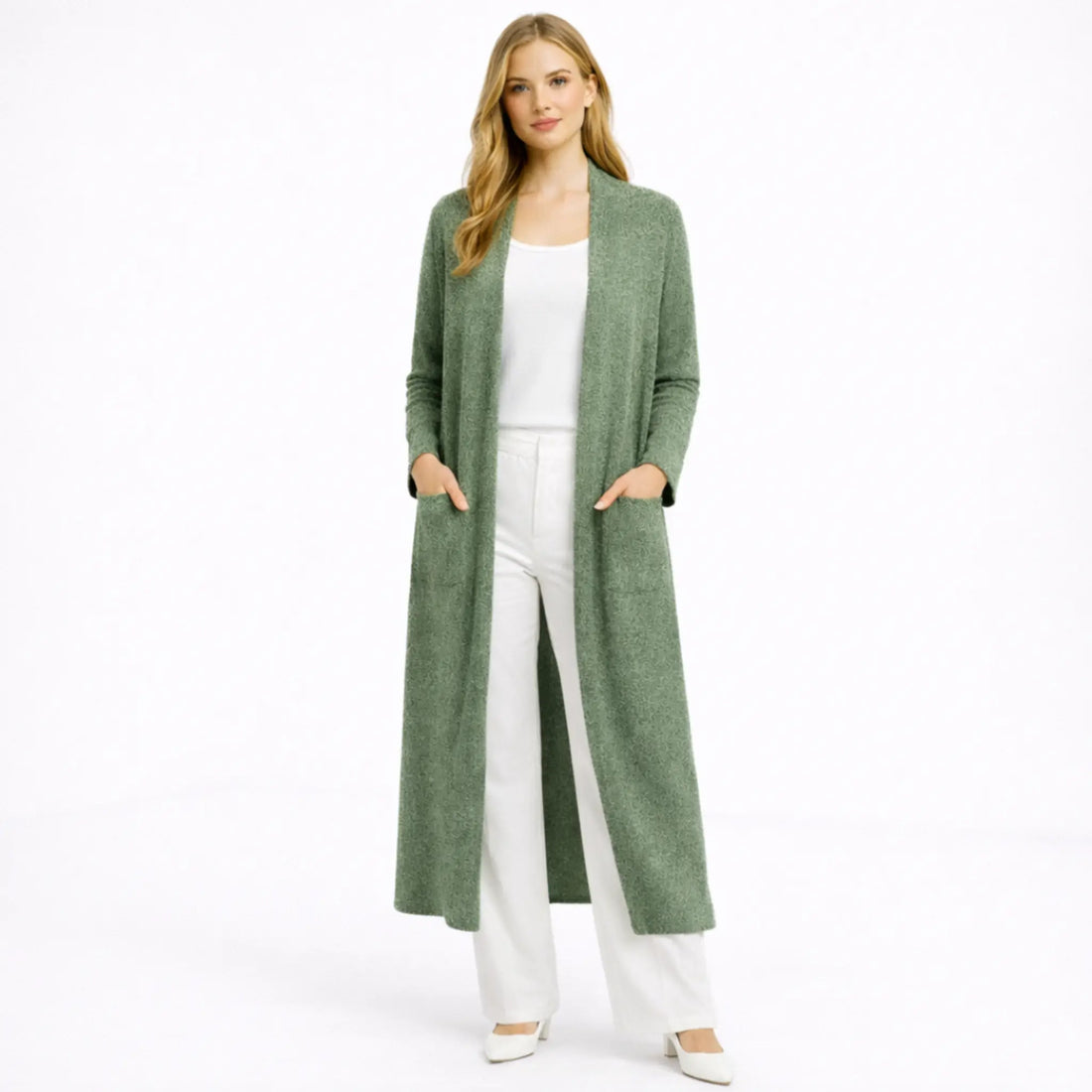 Women’s Green Long Open Front Cardigan | Elegant Layered Casual Outfit