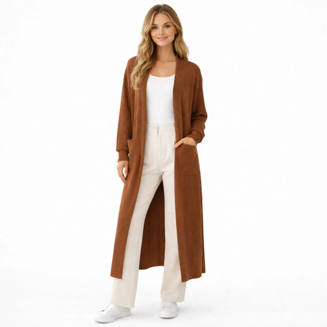 Women’s Long Ribbed Open Front Cardigan with Pockets | Casual Everyday Layering Coat